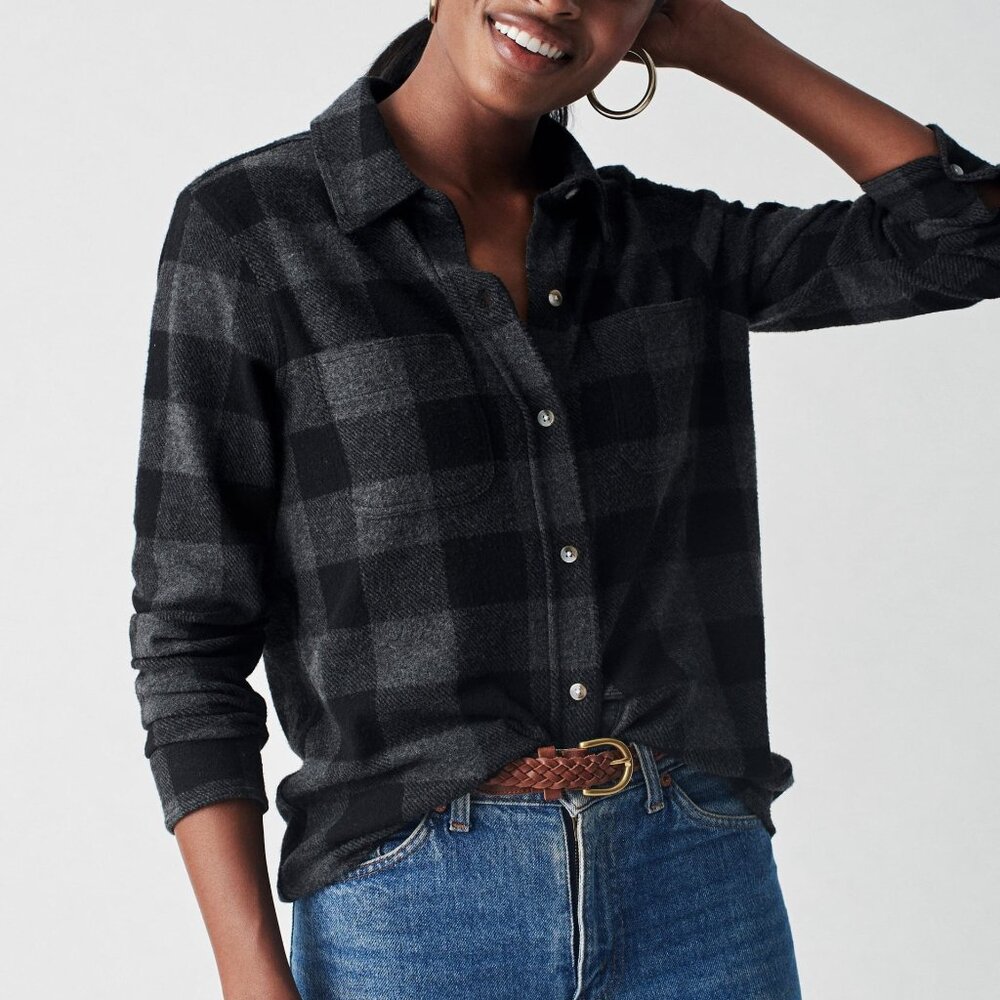 Faherty Legend Flannel Sweater Shirt Women's XS Charcoal Buffalo Plaid